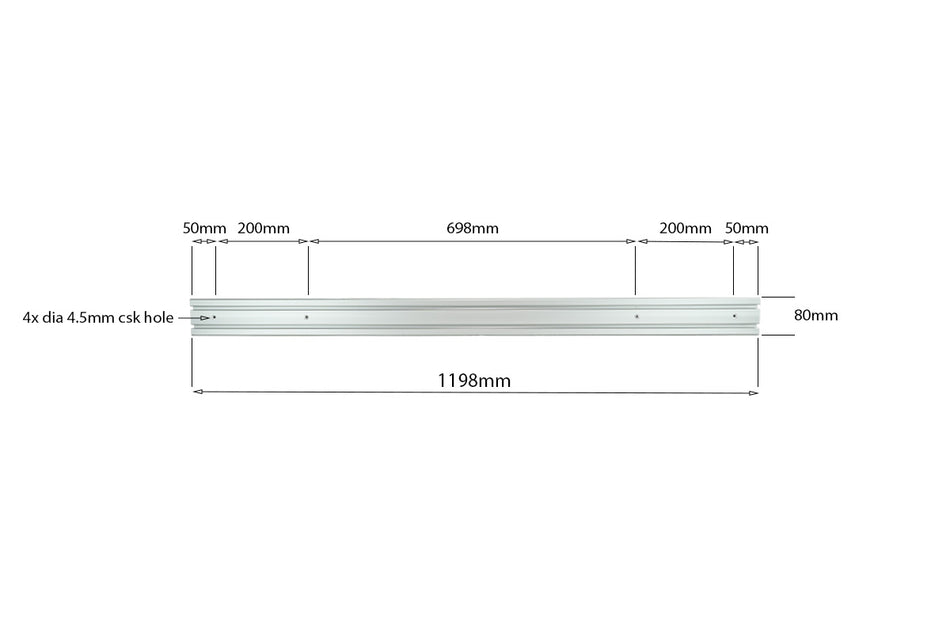 1200mm Screw-Down Rail - 2xT-Slot - 4 x Csk Holes