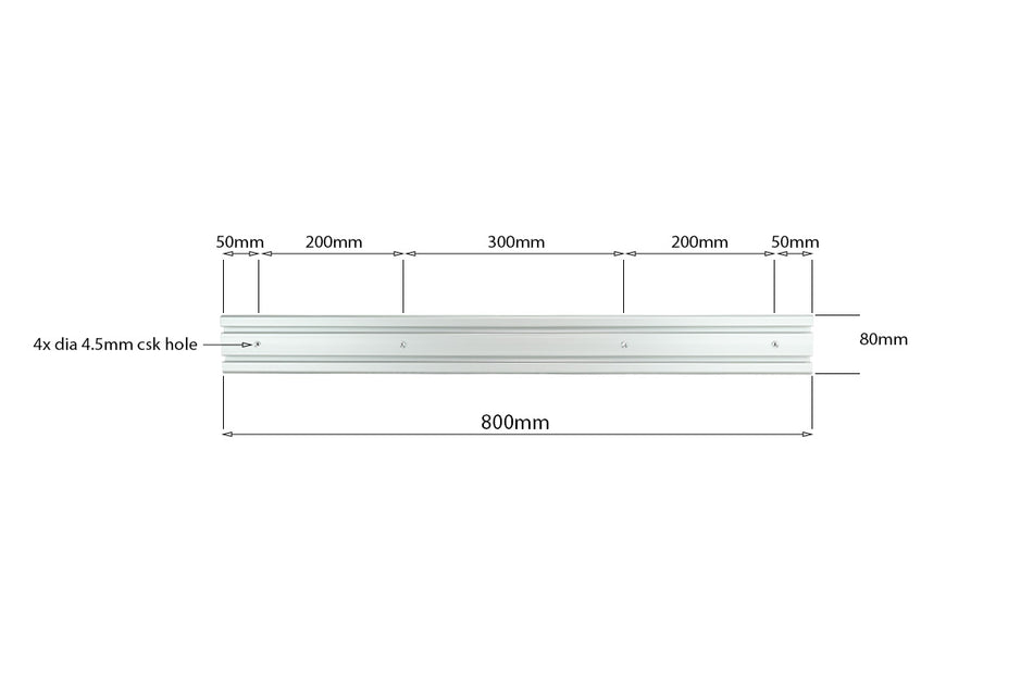 800mm Screw-Down Rail - 2xT-Slot - 4 x Csk Holes